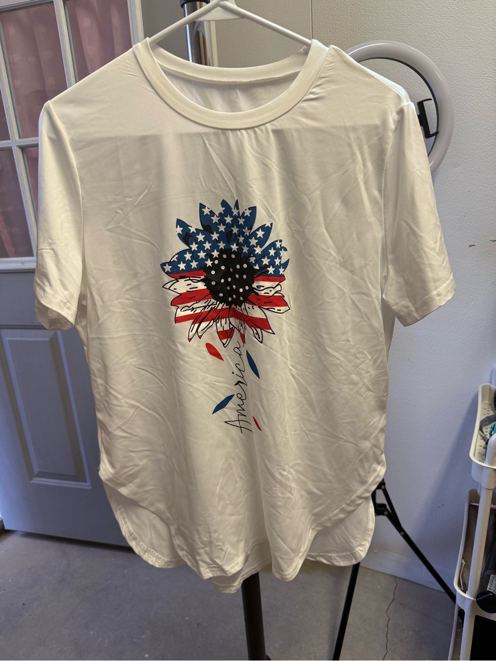 SHEIN White Short Sleeve Tee with Red, Blue & Black Sunflower Graphic